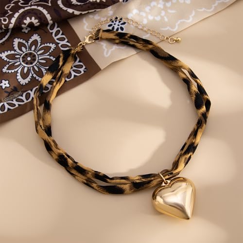 Scarf Necklace with Charm Gold Starfish Chunky Cross Heart Flower Pendants Bandana Charm Necklace Leopard Choker Necklaces for Women Boho Beach Jewelry Gift for Women4