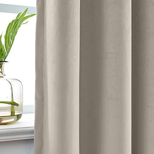 Chadmade 144 Inches Long Velvet Curtains, 2 Panels 52Wx144L Grey Beige, Rod Pocket Back Tab Hook Belt Flat Hooks Light Filtering Draperies For Ceiling Track Bay Window, Leon Collection #TOP2