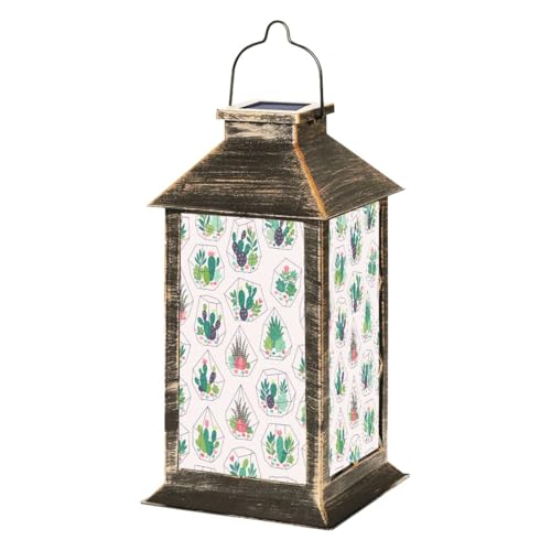 Solar Lantern Seamless Succulents Cactuses Inky Texture Glass terrariums Trendy Outdoor Waterproof Garden Hanging Lantern Solar Powered Lighting Outside Table Lamp for Patio Deck Camping Garden