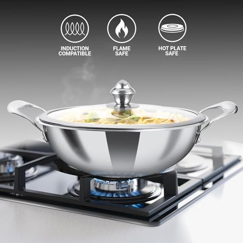 Image of Milton Pro Cook Induction Cookware & Gas Stove Friendly Triply Stainless Steel Honeycomb Mini Kadhai with Glass Lid 16cm | GREBLON C3+ Non Stick Coating | Even Heat | Metal Spoon Friendly |3Y Warranty