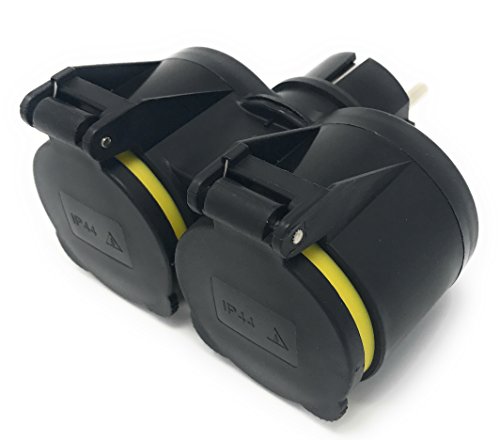 Bayram® - Ladrón de Enchufes con 2 Tomas Schuko Con Tapa Para Exteriores - Base Eléctrica Múltiple con Protección Infantil Especial Para Ambientes Húmedos Como Invernaderos, Patios y Jardines