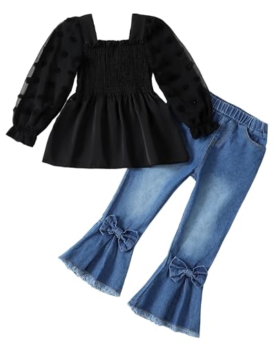 Image of Kucnuzki Toddler Kids Girl Clothes Long Sleeve Shirt Tops Baggy Jeans Cute Pants Set Baby Girl Outfit 2 Piece Clothing