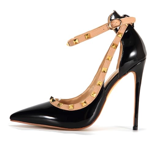 UP2STEP Women Fancy Pointed Closed Toe Rivets Ankle Strap Studded Stiletto Heels Pumps Wedding Dress Shoes2