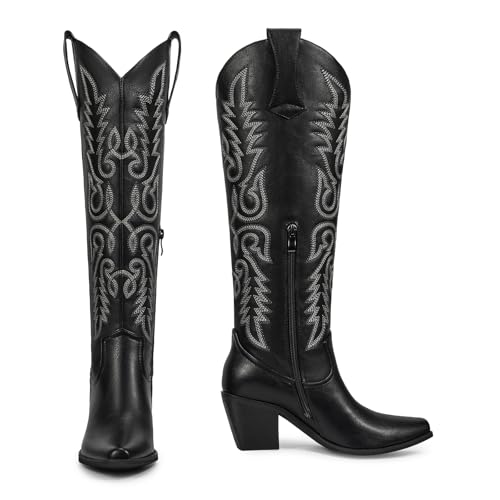 Image of wetkiss Women's Pointed Toe Cowboy Boots | Knee High Cowgirl Boots, Retro Embroidery, Chunky Heel, Pull-On, Style for a Classic Western Look,Stable and Comfortable