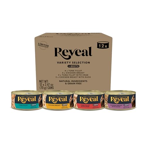 Image of Reveal Fish and Chicken Variety Pack Wet Cat Food in Broth, 12-Pack, 4-Flavor, Protein, Limited Ingredient, Grain Free, Canned Cat Food, No Fillers, No By-Products (12 x 2.47 oz Cans)