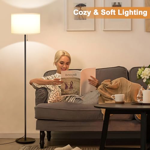 Image of Ambimall Floor Lamps for Living Room with 3 Color Temperatures Bulb & Pull Chain Switch, 60 inch Modern Standing Floor Lamp for Bedroom Kids Room Study Room（White Shade & Black Pole）