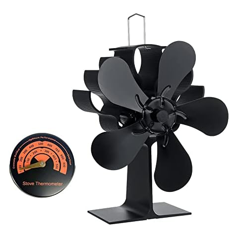 MOCNT 5 Blade Stove Fan Wood Stove Fan Heat Powered Wood Burner Fans Log Burner Fan Woodburner Fireplace Fan Chimney Fan Efficient Heat Circulation with Stove Thermometer Cover