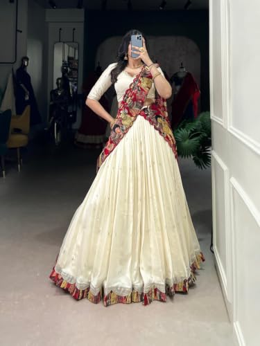 Image of Women's Cream Lehenga Choli with Dupatta | Stitched Tasar Silk Chaniya Choli | Kalamkari Print Ghagra with Lace Border | Flared Lehenga for Wedding Party Festive Wear