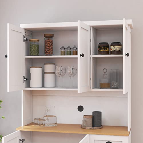 Rasoo Buffet Hutch Cabinet Kitchen Sideboard Pantry Cabinet Wood Kitchenware Server Kitchen Storage Microwave Cabinet With 3 Doors Upstairs And 3 Doors Downstairs And 1 Drawer, White #TOP4