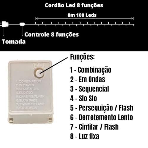 Cordão Led Luz 100 Bolinhas Multifunção 8m Quente Frio ou Colorido Tomada (Branco Quente - 127v)