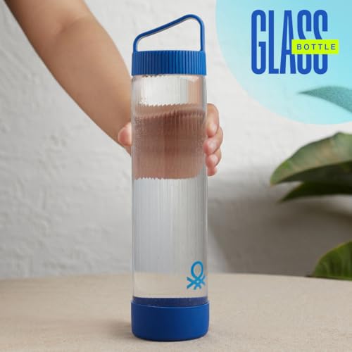 Image of United Colors of Benetton 750ML Glass Water Bottle with Anti Slip Silicone Base, Leak-Proof, BPA-Free, Durable, Odor-Free, Eco-Friendly Hydration Bottle for Home, Gym & Travel