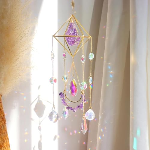 Attrape-soleil en cristal d'améthyste plaqué or à suspendre pour fenêtre, décoration en cristal d'améthyste pour la maison, cadeau pour Noël, anniversaire, Saint-Valentin et fête des mères