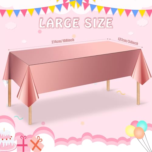 Image of 3 Pack Rose Gold Plastic Tablecloth, Dusty Pink Disposable Rectangle Table Covers, Holographic Metallic Foil Tablecloth Rose Party Supplies Decorations for Birthday Wedding Bachelorette, 54x108Inch