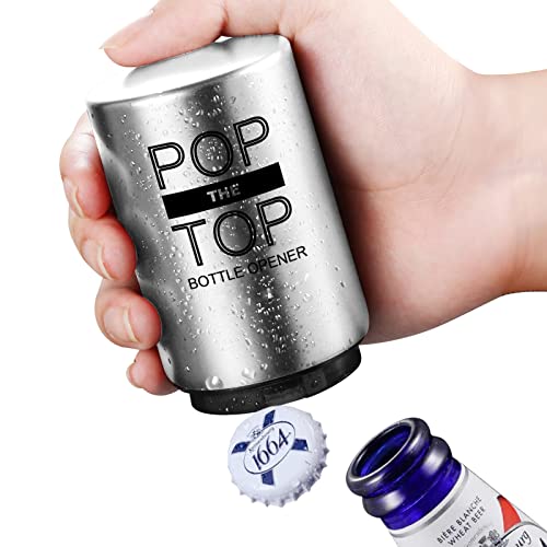 Pop The Top Bottle Opener, Automatic Beer Bottle Opener with Magnetic Cap Catcher, Push&Pop Stainless Steel One Handed Bottle Openers for Bar Kitchen Home Restaurant Beer Gift