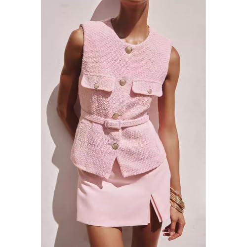 Women's vest with belt, women's fashionable office vest, retro sleeveless front buckle2