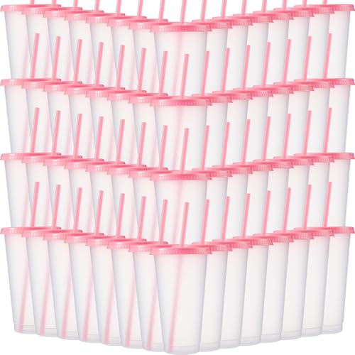 Honeydak 100 Pack Plastic Cups with Lids Straws,Clear and Pink Color