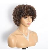 SQPLXK 4/30 Highlight Curly Human Hair Wig for Black Women Jerry Curly Coloured Bob Wig with Bang...