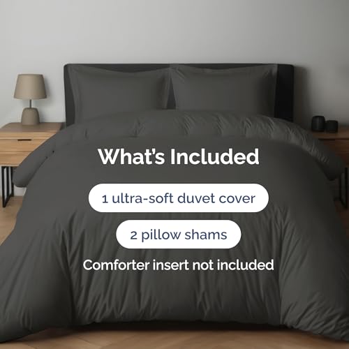 Image of Duvet Cover Full Size - Soft 3 Piece Set with Zipper Closure - Charcoal | Extra Soft Full Duvet Cover 80 inch x 90 inch with 2 Pillow Shams, Hotel Luxury w / Zipper Closures & Ties, Comfy & Breathable, Comfy
