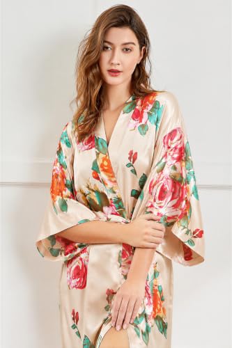 Image of BABEYOND Women's Kimono Robe Long Satin Silky Floral Lightweight Bridesmaid Wedding Bachelorette Party Robe