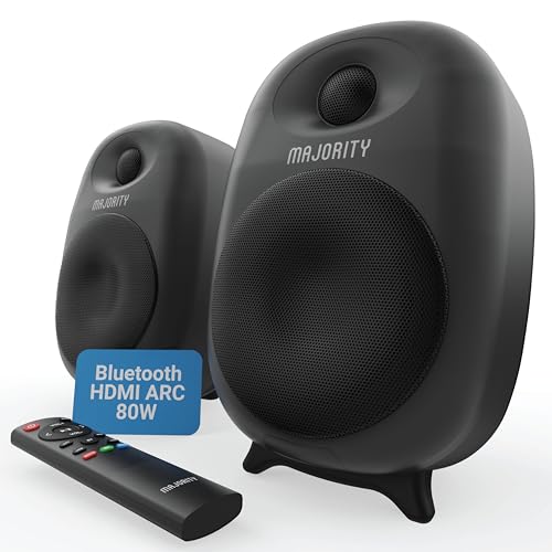 MAJORITY D80 Aktive Bluetooth HDMI ARC Regallautsprecher | 80W 4" Treiber, Seidenkalotten-Hochtöner, HiFi-Stereo-Studio-Lautsprecher für TV & PC | USB, AUX, Optical | Custom EQ & Fernbedienung