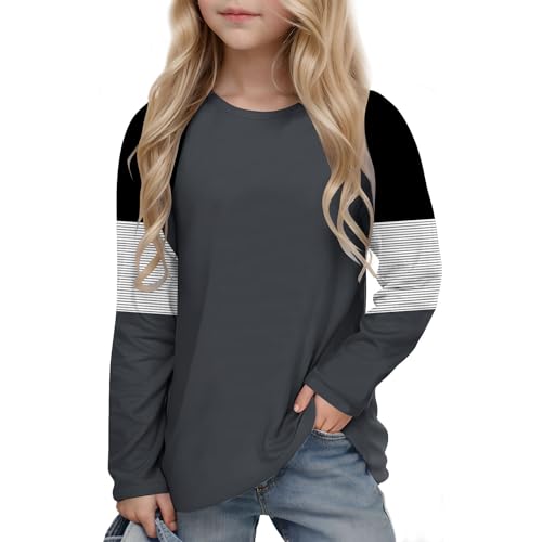 Girls Striped Long Sleeve T-Shirts with Pockets Color Block Tee Shirts Fall Cotton Tshirts Tops 4-14 Years3
