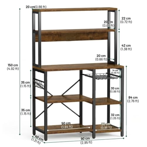 Image of 5-Tier Kitchen Storage Rack | Microwave Stand with Organizer | Kitchen Shelf Unit | Coffee Bar Organizer | Heavy Duty Metal & Wood Cabinet | Rustic Brown | 90x40x150 cm