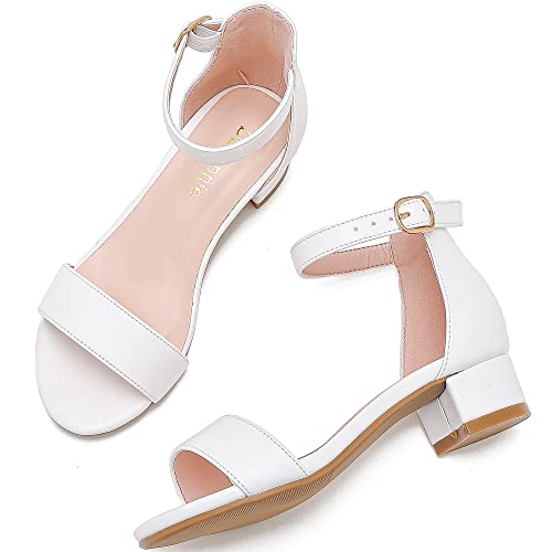 Dufannie White Heels For Girls Open Toe Ankle Strap Chunky Heel Pump Sandals Girls Dress Shoes Party Wedding First Communion Church Christmas Strappy Buckle Sandals (3603Pu White 3) #TOP3