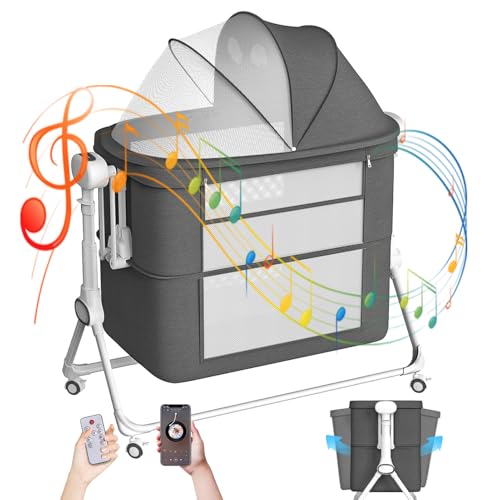 Image of Electric Rocking Bassinet for Baby, Baby Bedside Bassinet Sleeper for Baby with Wheels, Portable Baby Crib for Newborn with 5 Height Adjustment, Baby Cribs in Bed with 3-Speed Swing, Remote Control