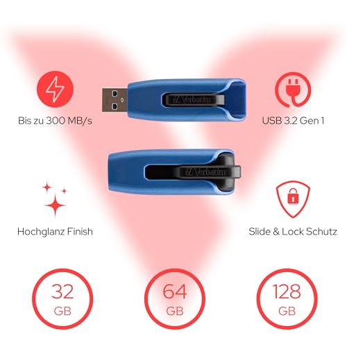 VERBATIM Clé USB Store 'n' Go V3 MAX I USB 3.2 Gen 1 I 128 Go I avec mécanisme coulissant I Interface SuperSpeed I Stockage externe pour ordinateurs portables, etc. I Bleu / Noir