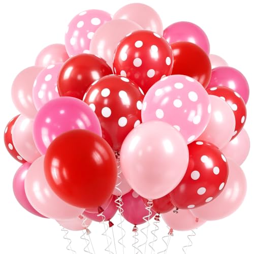 Image of TONIFUL 100 Pack Red Pink Polka Dot Latex Balloons - Sweet Berry Theme Balloon for Birthday Bridal Baby Shower Wedding Bachelorette Sweet 16 Party Decorations