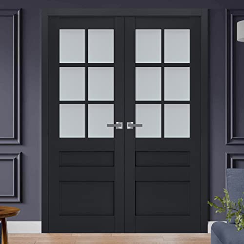 Solid Interior French Double Doors 48 X 80 Inches | Veregio 7339 Antracite With Frosted Glass | Wood Solid Panel Frame Trims | Closet Bedroom Sturdy Doors #TOP1