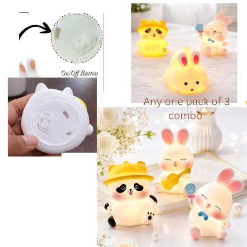 Image of Cute LED Night Lamp for Kids (Pack of 3) Panda & Bunny Toy Light | Baby Night Light | Return Gift, Birthday Gift, Room Decor Lamp | Soft Warm Glow | Battery Operated Mini Decorative Lamp