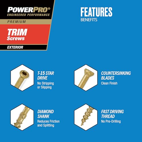 Image of Power Pro Exterior Trim Screws, #8 x 2-1 /2in, 2500 Pieces, Bronze | Epoxy finished carbon steel, Star /torx drive with T25 star bit, For exterior trim, decking, and treated lumber