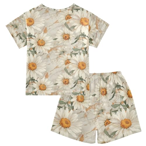 ALAZA Daisy Flowers Marble Pajama Set Short Sleeve Sleepwear Soft Lounge Nightwear2