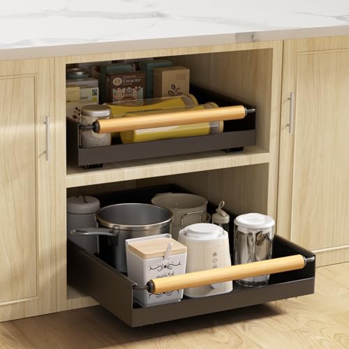 2 Pack 15.3” Deep Expandable Slide Out Cabinet Shelf No-Drill Pull Out Drawer with Nano Film Adhesive, Heavy Duty Pull Out Tray for Kitchen, Pantry & Bathroom, Black