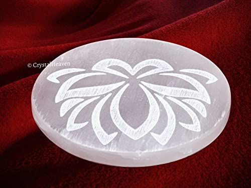Image of Certified Selenite Crystal Charging Plate, 4 Inches Engraved Lotus Flower of Life Selenite Plate for Crystal Cleansing Re-Energy Work, Meditation and Pooja