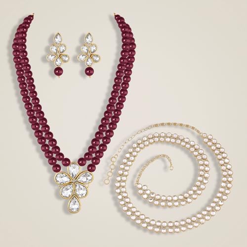 Image of Peora Crystal Faux Pearl Kundan Necklace & Jewellery Set Gift for Women