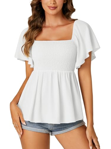 LYANER Women's Square Neck Smocked Peplum Top Ruffle Short Sleeve Shirred Babydoll Blouse