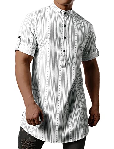 JOGAL Mens Striped Henley Shirt Short Sleeve Traditional African Style Dashiki Shirts