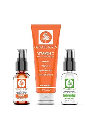 OZNaturals Get Up and Glow Bundle - Vitamin C Facial Serum, Vitamin C Facial Cleanser, and Hyaluronic Acid Facial Serum