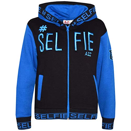 Veste à capuche bleue #Selfie zippée et brodée pour enfants au style branché