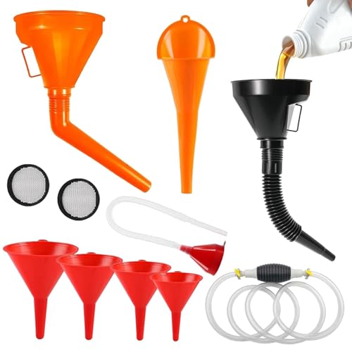 Mailfull Juego de 12 embudos de inserción para coche con manguera, embudo de plástico flexible para coche y moto con caño y embudo largo