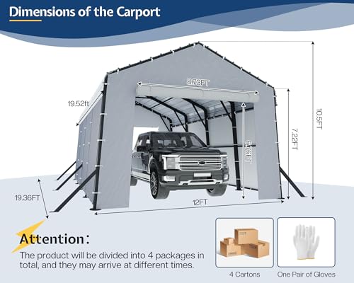 Image of Jocisland 12x20x10.5 FT Heavy Duty Metal Carport, All-Weather Car Canopy with Waterproof Removable Sidewalls, Reinforced Base & Galvanized Steel Roof, Car Shelter for Cars, Boats, Trucks
