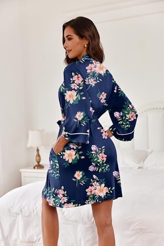 Image of Ekouaer Women Kimono Robes Knee Length Knit Bathrobe Lightweight Soft Sleepwear V-neck Casual Ladies Loungewear
