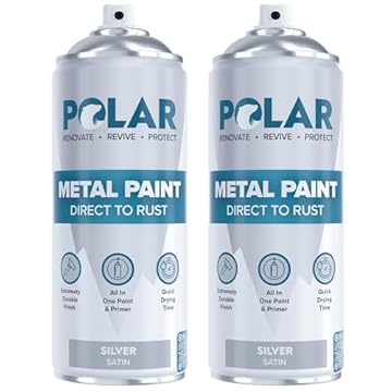 Polar Direct to Rust Metal Spray Paint - Durable All-in-One Paint & Primer - For Outdoor & Indoor - Corrosion Resistant, Tough Protection - Metal Primer - Satin Silver - 2 x 400ml