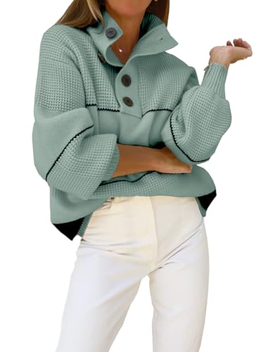 Image of chouyatou Women's Slouchy Waffle Knit Sweater 1 /2 Button Polo Collared Pullover Striped Sweater Tops