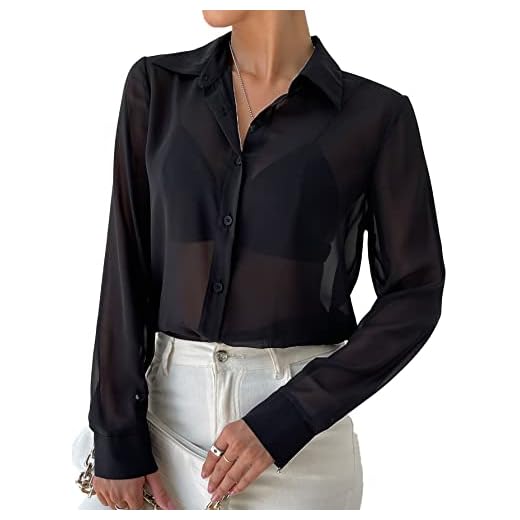 Verdusa Women's Sheer Mesh Button Up Shirt Long Sleeve Chiffon Blouse Top Black L