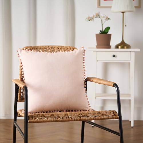 Image of 100% Cotton Pom Pom Cushion Without Filler, Elegant & Modern Cushion Cover for Living Room, Square Shape, 16 inchx16 inch, uni Chambray, Set of 2 - Cloud Rose