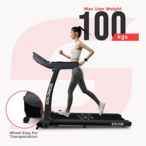 Image of Sparnod Fitness STH-2150 Treadmill for Home Use, Compact Foldable Design, 4 HP Peak DC Motor, 14 km /h Speed, 100 kg User Weight, 12 Preset Programs, LCD Display, Bluetooth Speakers