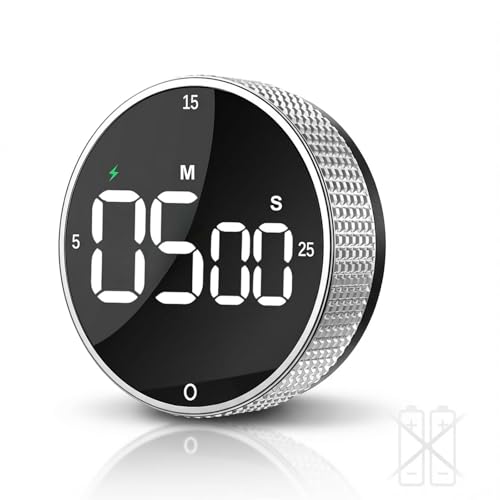 Wiederaufladbarer magnetischer digitaler Küchentimer mit großem LED-Display, lautem Alarm, 3 Voreinstellungen (5/15/25 Min.), 3 Lautstärkestufen – ideal für Küche, Lernen, Fitness & Büro(Silber)